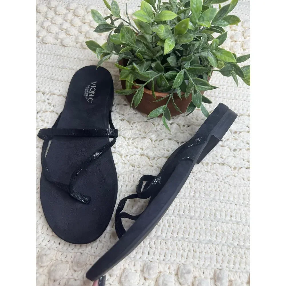 VIONIC ORTHAHEEL Women's 10 Minimal Flip Flop Strappy Sandal Shoes Black Suede